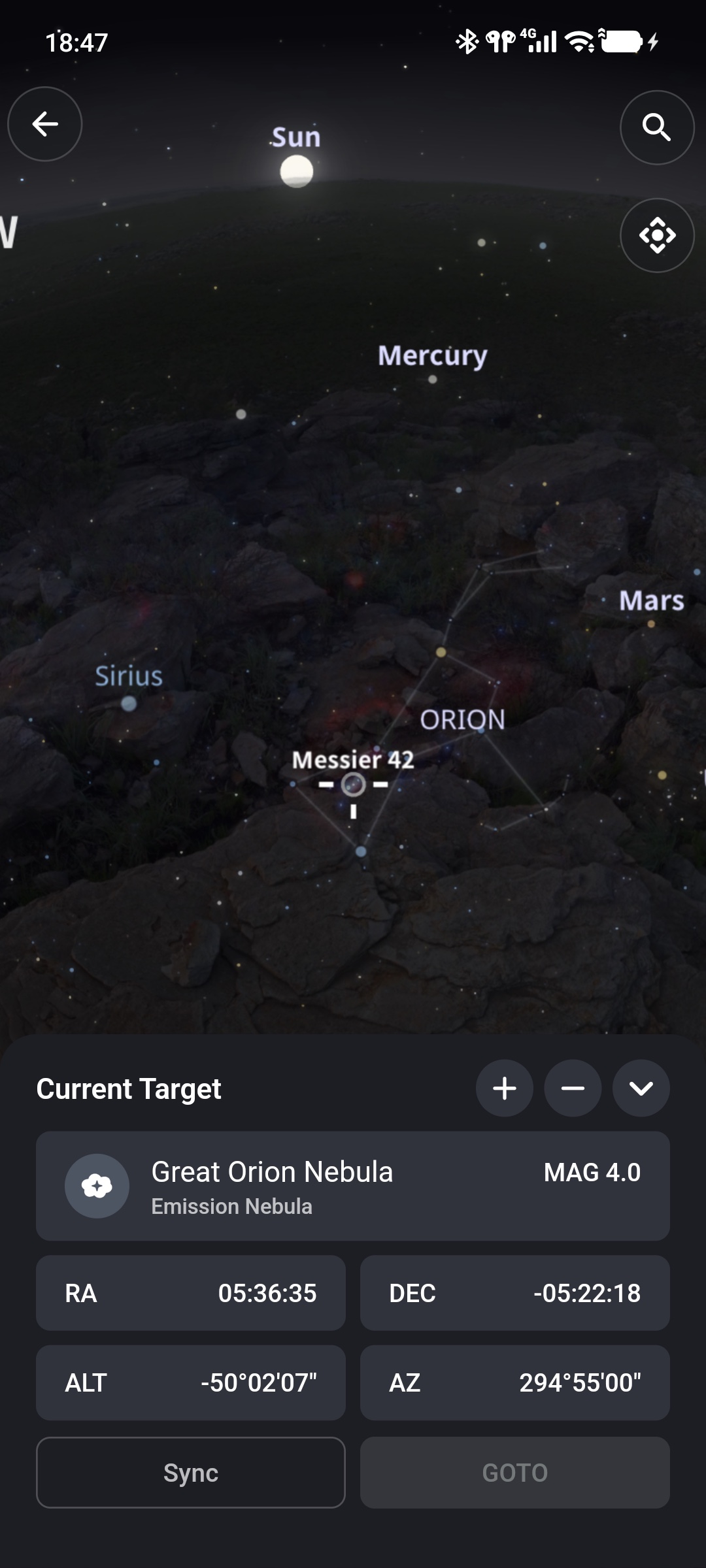 オリオン星雲の現在の対象情報とGOTO